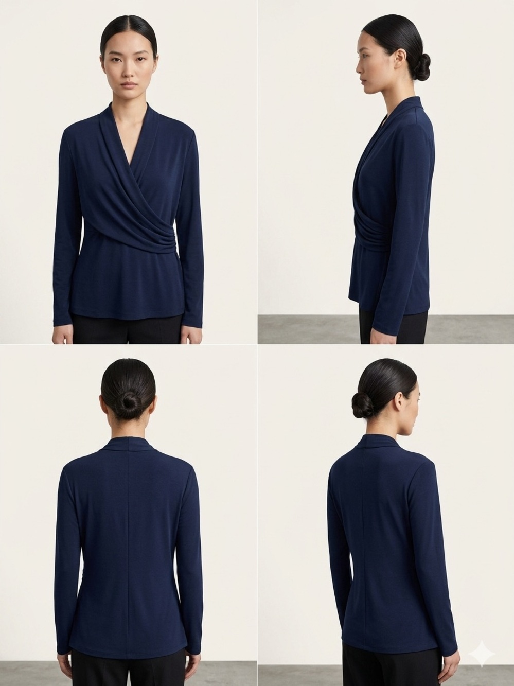 DKNY Womenβs Navy Blue Matte Jersey Faux Wrap Top Long Sleeve Size L - Picture 3 of 12